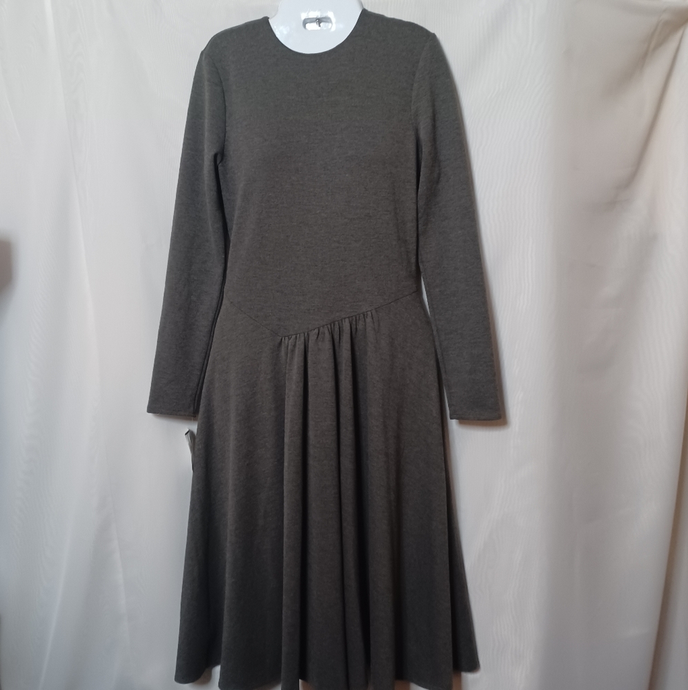 ERMANNA Women's Gray Round Neck Fit and Flare With Gathers Dress.  4